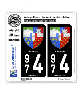 2 stickers pour plaque d'immatriculation Auto, 974 carte de la Réunion