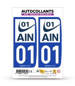 01 Ain - Département | Autocollant plaque immatriculation