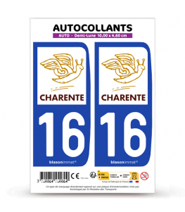 16 Charente - Département | Autocollant plaque immatriculation